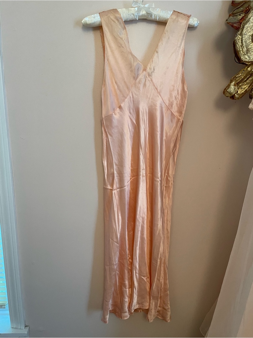 1930s Bias Cut Slipdress w Embroidered Detail Lace Trim Midi Length Liquid Satin - Picture 6 of 7